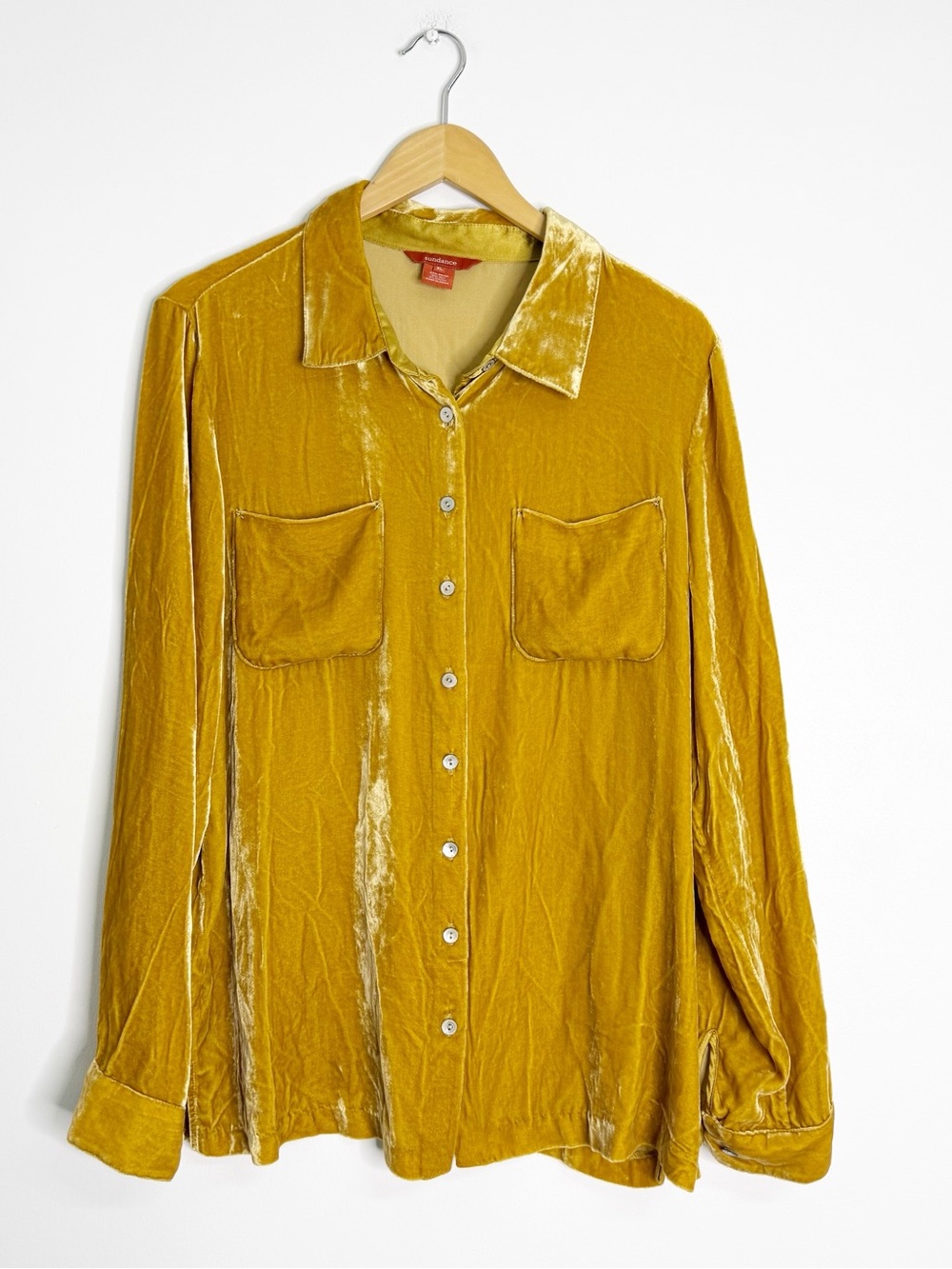 Sundance Velvet Button Up Shirt Women’s XL Mustard Gold Silk Blend